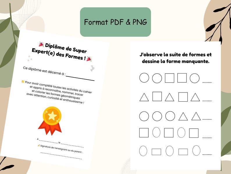 May include: Educational printable worksheets with the text "Format PDF & PNG". One page is a diploma with text in French, and the other has shape recognition exercises. The diploma has a gold star and red ribbon. The exercises include circles, squares, and triangles.