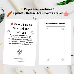 May include: Two-page spread of a children's activity book. The left page has French text congratulating the child for finishing the book, with space for their name. The right page is blank with the text "Dessine ce que tu veux!" (Draw what you want!).