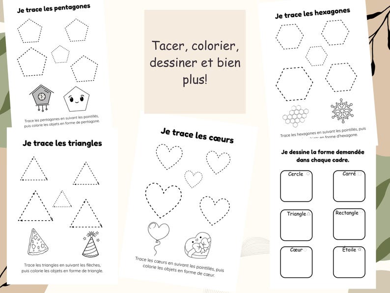 May include: Educational worksheets with tracing exercises for shapes including pentagons, hexagons, triangles, and hearts. Instructions in French to trace, colour, and draw. Features various shapes and objects.