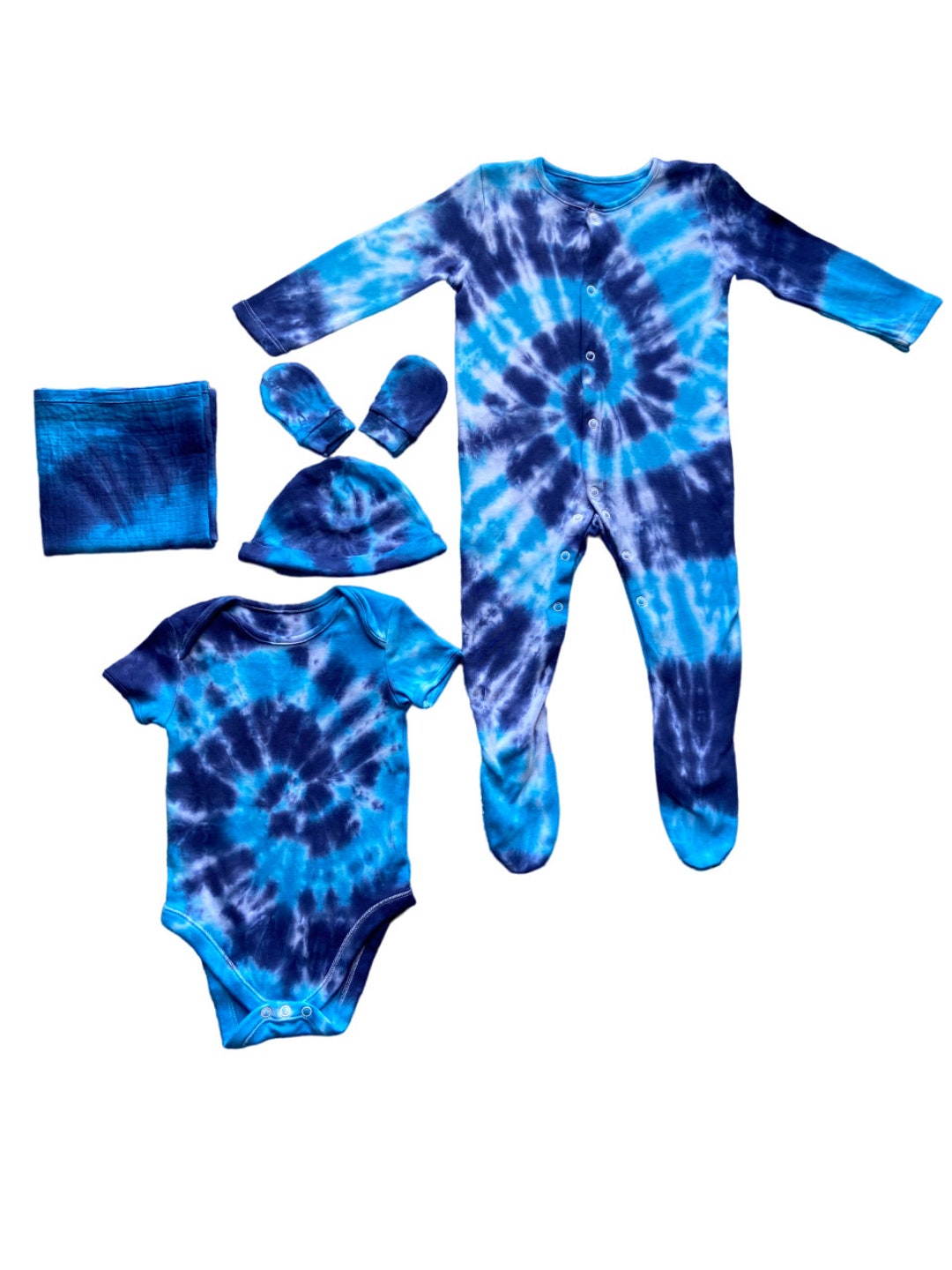 Blue Tie Dye Baby Bundlevest/sleepsuit/muslin/mitts/hat, 03 Months, 3
