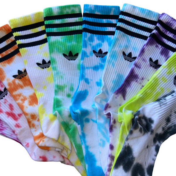 Tie Dye Adidas High Crew Chaussettes, Rouge, Orange, Jaune, Vert, Bleu, Violet, Lime, Noir, Unisexe, Cadeau, Une paire, Teint au Royaume-Uni