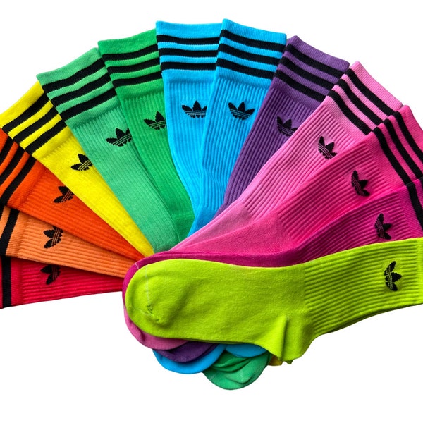 Tie Dye Adidas Original Crew Socks, Red, Orange, Yellow, Green, Blue, Purple, Pink, Lime, Unisex, Gift, One Pair, Solid Colour, Dyed in UK