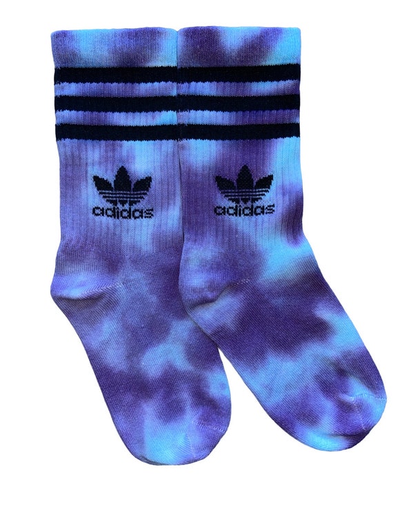 Size 12 Kids Blue and Purple Tie Dye Adidas Original Crew Socks