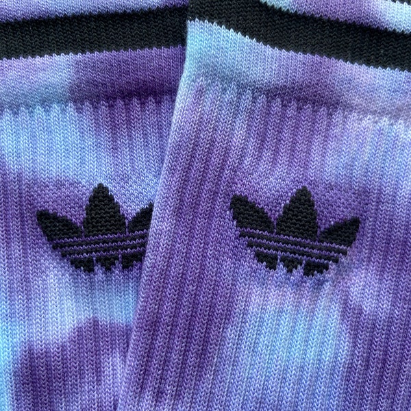 Blue and Purple Tie Dye Adidas Original Crew Socks, One Pair, Solid Colour, Unisex, Adidas Originals, Dyed in the UK, Gift