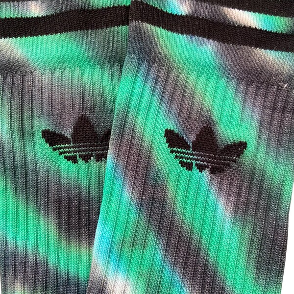 Green and Black Tie Dye Adidas Original Crew Socks, One Pair, Solid Colour, Unisex, Adidas Originals, Dyed in the UK, Gift