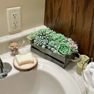 Puede incluir: Una caja de madera gris llena de una variedad de plantas suculentas verdes y rosadas. La caja est&aacute; sentada en una encimera de ba&ntilde;o blanca.