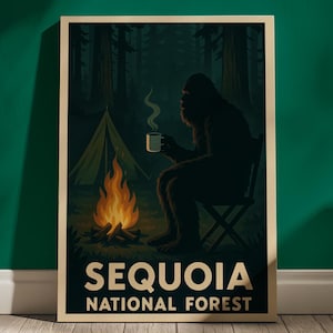 Bigfoot Nationalpark Poster, Sequoia National Forest Reise, Kunst Poster Druck, Sasquatch, Gothic Wohnkultur, Cryptid, Schlüsselzoologie, Retro