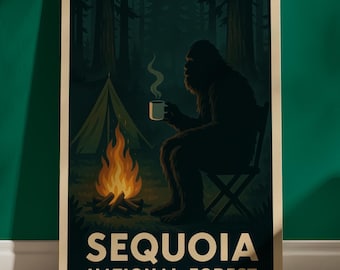 Bigfoot Sequoia National Forest-poster: retro cryptische kunstafdruk
