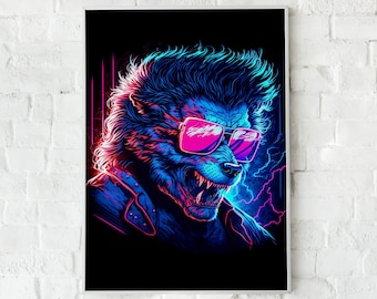 80's Werewolf, Synthwave Wall Art, Vaporwave Decor , Cyberpunk aesthetic poster, retrowave poster, 90's neon poster