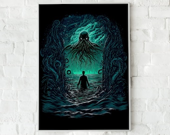 Cthulhu HP Lovecraft Inspired Art Print, Lovecraftian Poster, Book Lovers Gift Idea, Horror Sci Fi poster