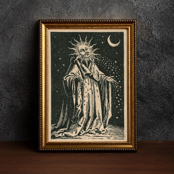 Sun and Moon Art Print, Medieval Woodcut Style, Celestial Whimsigoth Wall Decor, Tarot Poster