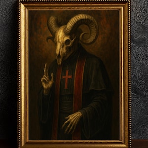 Dark Gothic Ram Skull Priest Kunstdruck – Okkulte surreale Wanddekoration – Gehörnte Skelett Figur Poster, Witchy Home Wohnzimmer, Dark Academia