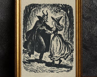 Stampa di una strega che balla con il diavolo, stile vintage, xilografia, arte murale occulta, arredamento gotico