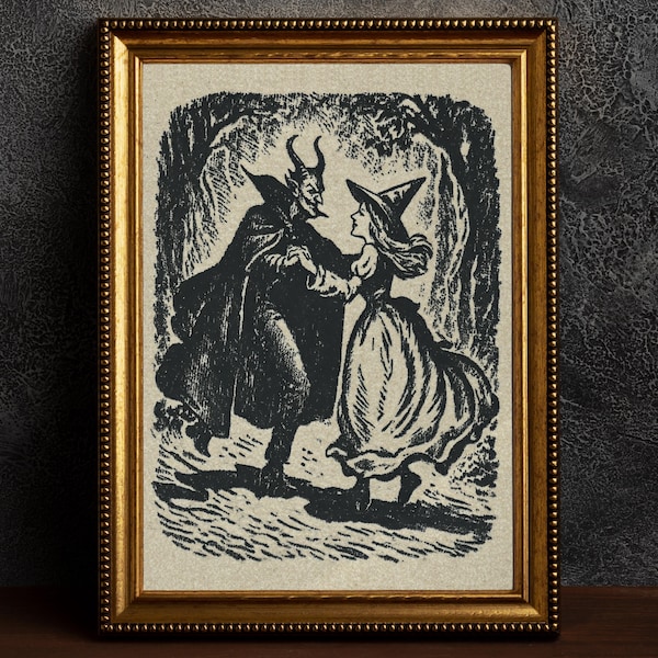 Witch Dancing With the Devil Print, Vintage Woodcut Style Ink Occult Wall Art, Gothic Decor