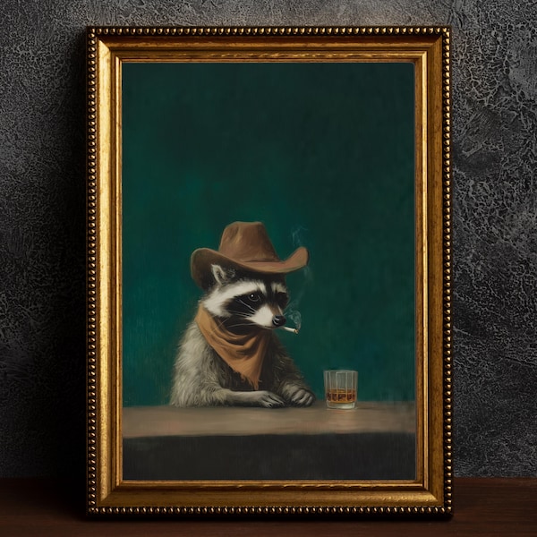Smoking Raccoon Cowboy Wall Art, Vintage Funny Animal Home Decor, Moody Bar Lounge Poster