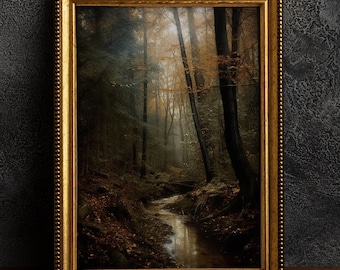 Moody Dark Autumn Forest Print, Foggy Woodland Wall Art, Gothic Academia Cottagecore Home Decor