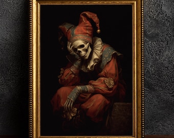 May include: A framed print featuring a skeletal figure in a red and gold jester costume, set against a dark background. The jester is seated, resting their head on their hand, with a sorrowful expression. The frame is gold.
