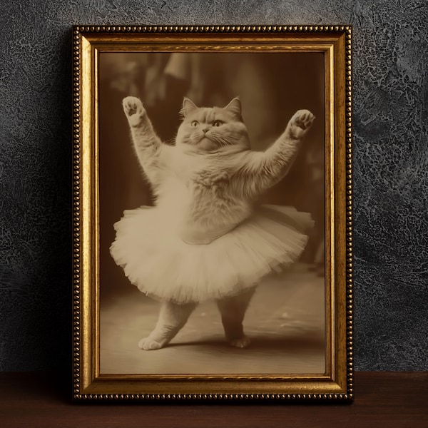 Cat Ballerina, Vintage Poster, Art Photo Print, Gothic Home Decor, Kitten Ballet, Dark Academia, Witchy Photo, Funny Cat Print Gift