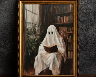 Vintage Library Ghost Print, Spooky Poster, Art Book Print, Dark Academia Decor, Gothic, Cottagecore, Witch Art, Halloween Art, Reading