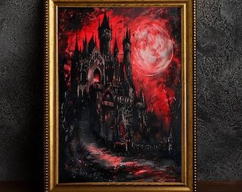 Gotiskt vampyrslott vid blodmånen, vintageaffisch, konstaffischtryck, målning av Dark Academia, gotisk heminredningsgåva.