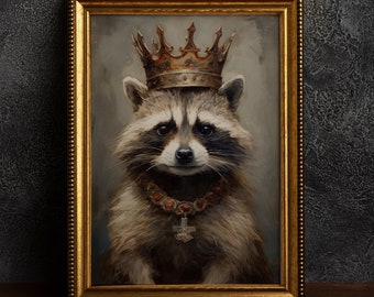 Affiche vintage gothique Raccoon King, impression d'affiche d'art, décoration d'intérieur, panda poubelle victorienne.