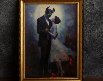 Gothic Demon and Woman Dancing in Moonlight, Dark Academia, Occult Poster, Satanic Art, Vintage Print, Witchcraft, Wiccan Home Decor.