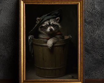 Raccoon in Trash, Vintage Poster, Art Poster Print, Dark Academia, Gothic Victorian Quirky