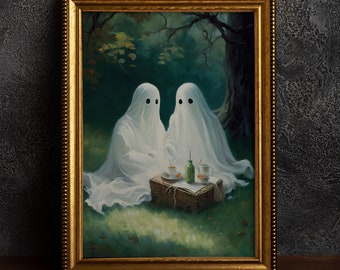 Ghost Couple having a Picnic, Vintage Poster, Art Poster Print, Dark Academia, Cute Gothic Relationship.