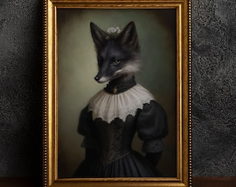 Gothic Black Fox in Dress, Vintage Poster, Art Poster Print, Home Decor, Victorian, Dark Academia