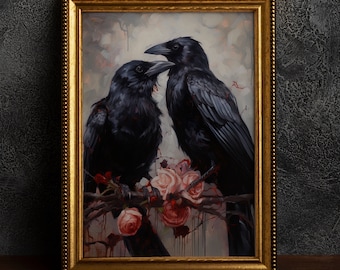 Gothic Romantic Raven Couple, Vintage Poster, Art Poster Print, Home Decor, Victorian Crow, Black Rose, Flowers, Cottagecore