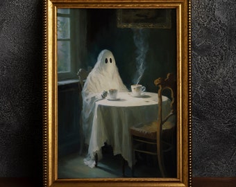Ghost Drinking Tea, Vintage Poster, Art Poster Print, Dark Academia, Gothic Victorian. Kitchen Decor, Cottagecore