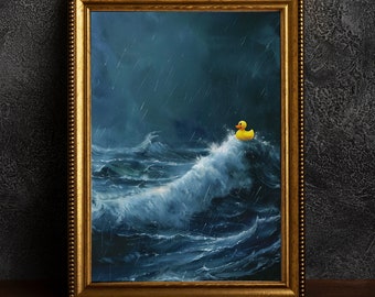 May include: A yellow rubber ducky floating on a stormy sea, painted in a dark blue and grey colour scheme. The ducky is facing the right side of the image.