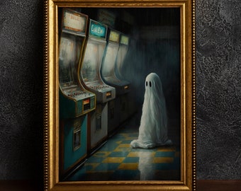 Ghost in an Abandoned Arcade, Nostalgia Poster, Art Poster Print, Dark Academia, Gothic Retro.