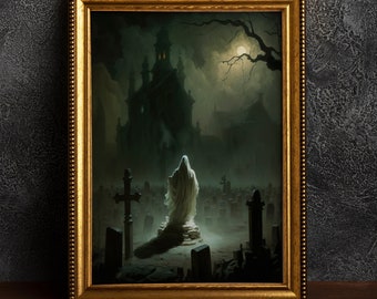 Ghost in the Graveyard by Moonlight, Vintage Poster, Art Poster Print, Dark Academia, Gothic Victorian.