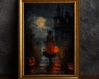 Halloween on a Moonlit Fall Night, Vintage Poster, Art Poster Print, Dark Academia, Gothic Painting.