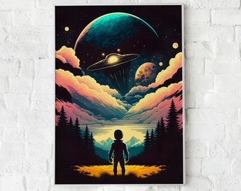Space Poster, Astronaut Space Wall Art, Retro Space Prints, UFO Illustration, Alien Poster, Art Print.