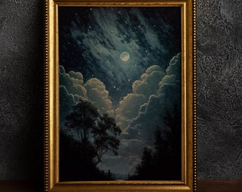 Moonlit Night Star Gazing, Vintage Poster, Kunst Poster Druck, Dark Academia, Klassische Malerei, Witchy Ästhetik