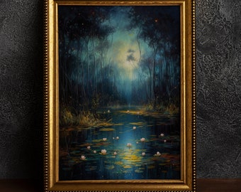 Swamp by Moonlight Vintage Poster, Art Poster Print, Dark Academia, Classical Painting, Witchy Aesthetic, Cottagecore, Goblincore, Forest