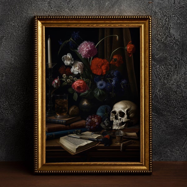 Gothic Skull and Flowers Vintage Poster, Art Poster Print, Home Decor, Victorian Painting