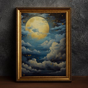 Moonlit Night Sky Star Gazing, Vintage Poster, Kunst Poster Druck, Dark Academia, Klassische Malerei, Witchy Ästhetik, Zauberhafter Cottagecore