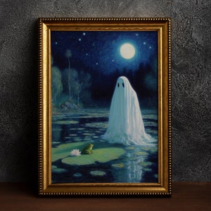 Geist und Frosch im Sumpf bei Mondschein, Ölgemälde Poster Kunst Poster Druck, Dark Academia, Gothic, Cottagecore, Hexenkunst, Halloween Kunst.
