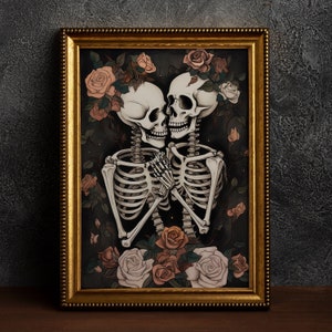 Gothic Romantik Skelett Paar, Dark Poster, Poster Kunstdruck, Home Decor, Blumen, Cottagecore