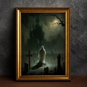 Ghost in the Graveyard by Moonlight, Vintage Poster, Art Poster Print, Dark Academia, Gothic Victorian.