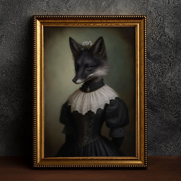 Gothic Black Fox in Dress, Vintage Poster, Art Poster Print, Home Decor, Victorian, Dark Academia