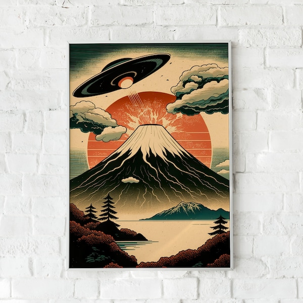 Mount Fuji UFO art print Japanese woodblock reproduction Spaceship Print wall art Alien painting