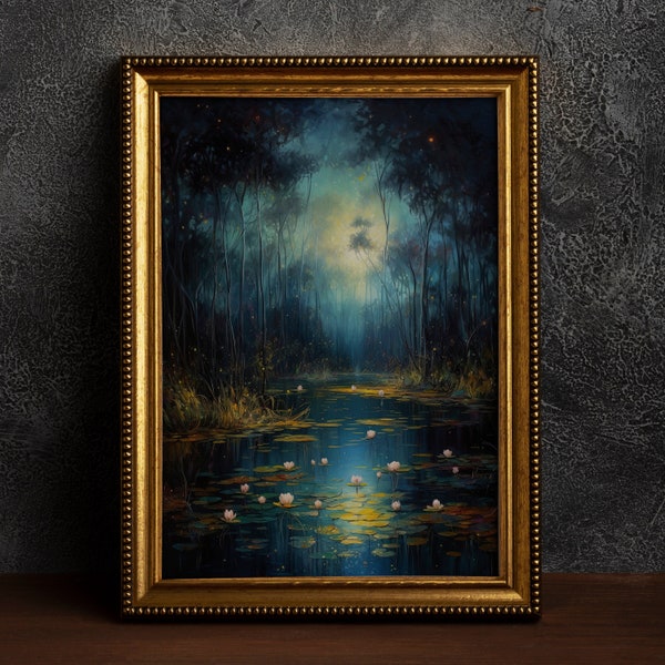 Swamp by Moonlight vintage Poster, Art Poster Print, Dark Academia, Peinture classique, Witchy Aesthetic, Cottagecore, Goblincore, Forest