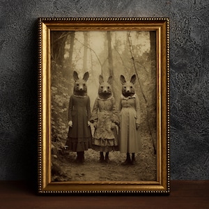 Culto al conejo en el bosque, fotografía antigua, impresión de póster artístico, academia oscura, póster gótico ocultista, brujería, decoración gótica para el hogar, espeluznante
