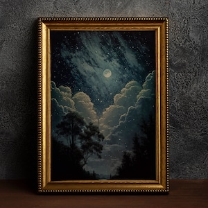 Mondnacht Sterne betrachten, Vintage Poster, Kunst Poster Druck, dunkle Academia, klassische Malerei, Witchy Ästhetik