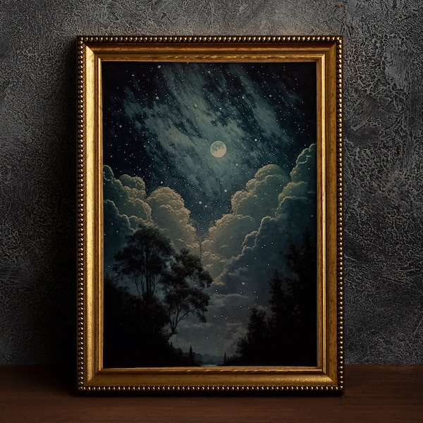 Moonlit Night Star Gazing, Vintage Poster, Art Poster Print, Dark Academia, Classical Painting, Witchy Aesthetic