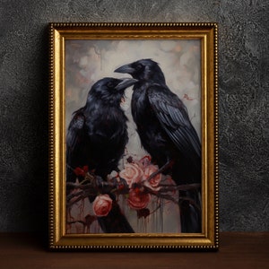 Gothic Romantic Raven Couple, Vintage Poster, Art Poster Print, Home Decor, Victorian Crow, Black Rose, Flowers, Cottagecore